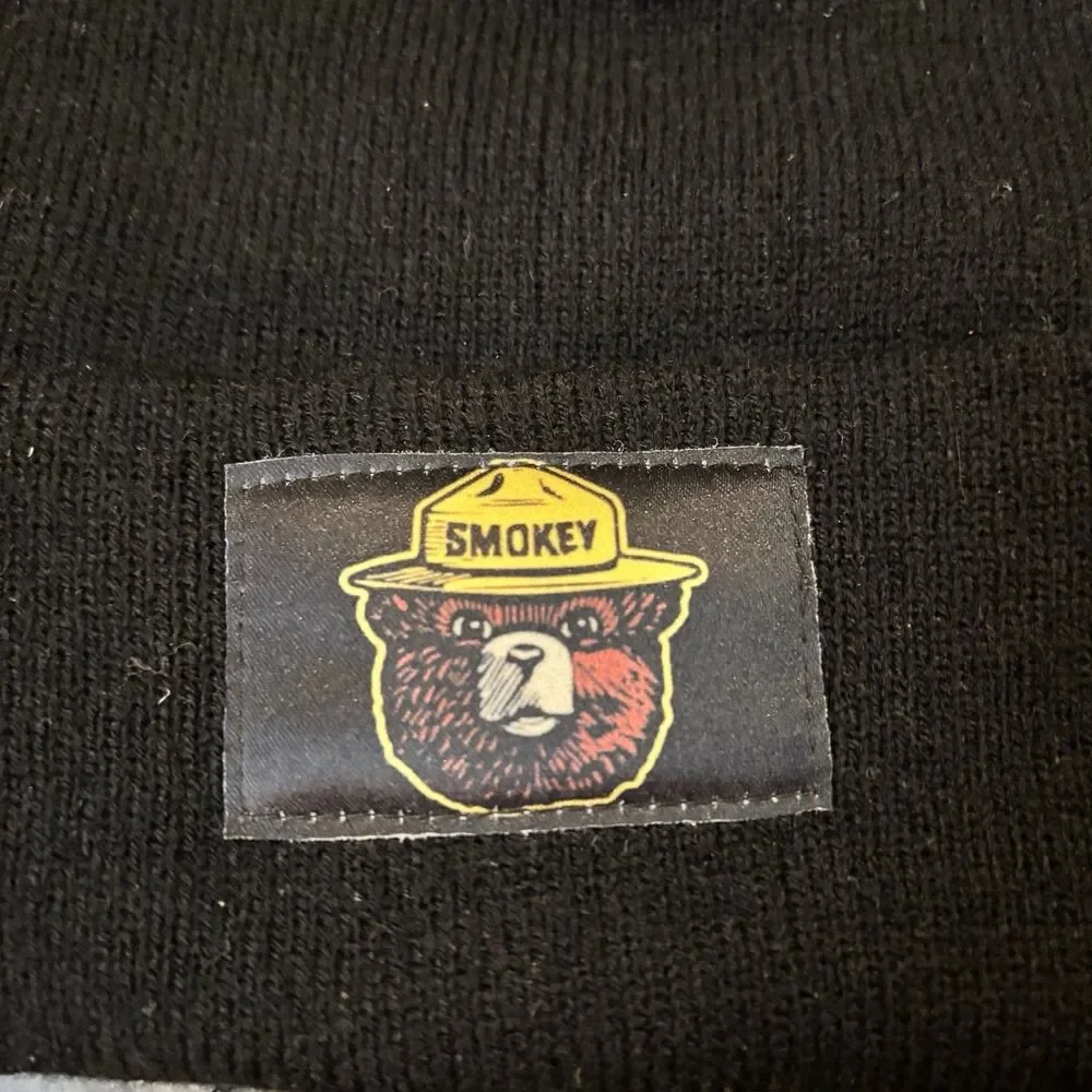 Smokey Bear Black Knit Beanie Hat Cuffed Winter Cap Forest Service Logo